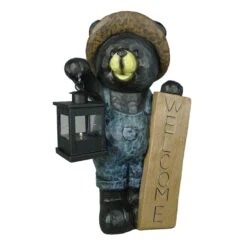 Black Bear Rustic Garden Statue With LED Lantern, 17.7"