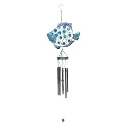 Blue Beaded Metal Fish Wind Chime, 34"