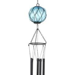 Blue Glass Orb Metal Wind Chime, 29.7" -Patio Furniture Shop blue glass orb metal wind chime 29.7 3
