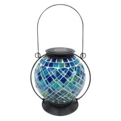 Blue Mosaic Glass Ball Lantern With Metal Handle, 8"