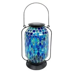 Blue Mosaic Glass Solar Lantern, 11"