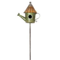 Green Metal Watering Can Birdhouse Garden Stake