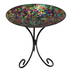 Multicolored Mosaic Tile Glass Birdbath With Folding Metal Stand