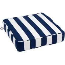 Navy Awning Striped Gusseted Outdoor Deep Seat Cushion