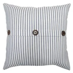 Navy Ticking Striped Outdoor Throw Pillow With Buttons, 18"