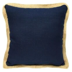 Olinen Navy Blue Outdoor Throw Pillow With Jute Trim, 18"