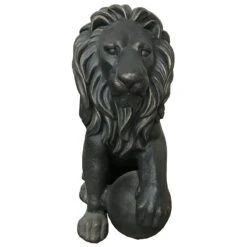 Outdoor Bronzed-Look Lion With Ball Figurine, 29"