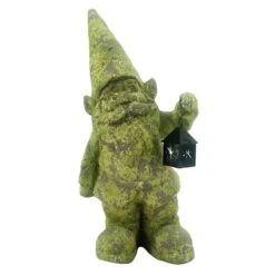 Outdoor Green Moss Gnome With Lantern Figurine, 15"
