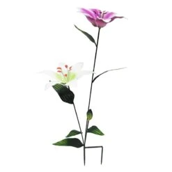 Pink & White Metal Lily Floral Bloom Garden Stake, 37"