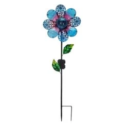 Pre-Lit Blue Metal Flower Garden Stake, 39.5"