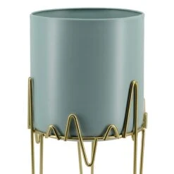 Sand Teal 8" Planter On Gold Metal Deco Plant Stand, 15" -Patio Furniture Shop sand teal 8 planter on gold metal deco plant stand 15 1
