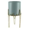 Sand Teal 8" Planter On Gold Metal Deco Plant Stand, 15"