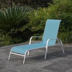 Stackable Aquarelle Blue Sling Outdoor Chaise Lounge Chair With White Frame -Patio Furniture Shop stackable aquarelle blue sling outdoor chaise lounge chair with white frame 6