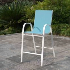 Stackable Aquarelle Blue Sling Patio Barstool With White Frame -Patio Furniture Shop stackable aquarelle blue sling patio barstool with white frame 6