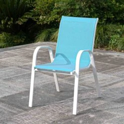 Stackable Aquarelle Blue Sling Patio Chair With White Frame -Patio Furniture Shop stackable aquarelle blue sling patio chair with white frame 6