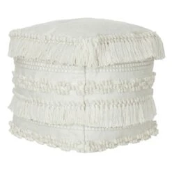 Tan Fringed Outdoor Pouf, 18"