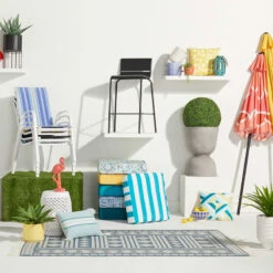 Turquoise Awning Striped Gusseted Outdoor Deep Seat Cushion -Patio Furniture Shop turquoise awning striped gusseted outdoor deep seat cushion 2