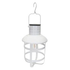 White Hanging Industrial LED Lantern With Timer, 12"