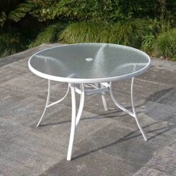 White Steel Round Table, 42" -Patio Furniture Shop white steel round table 42 7